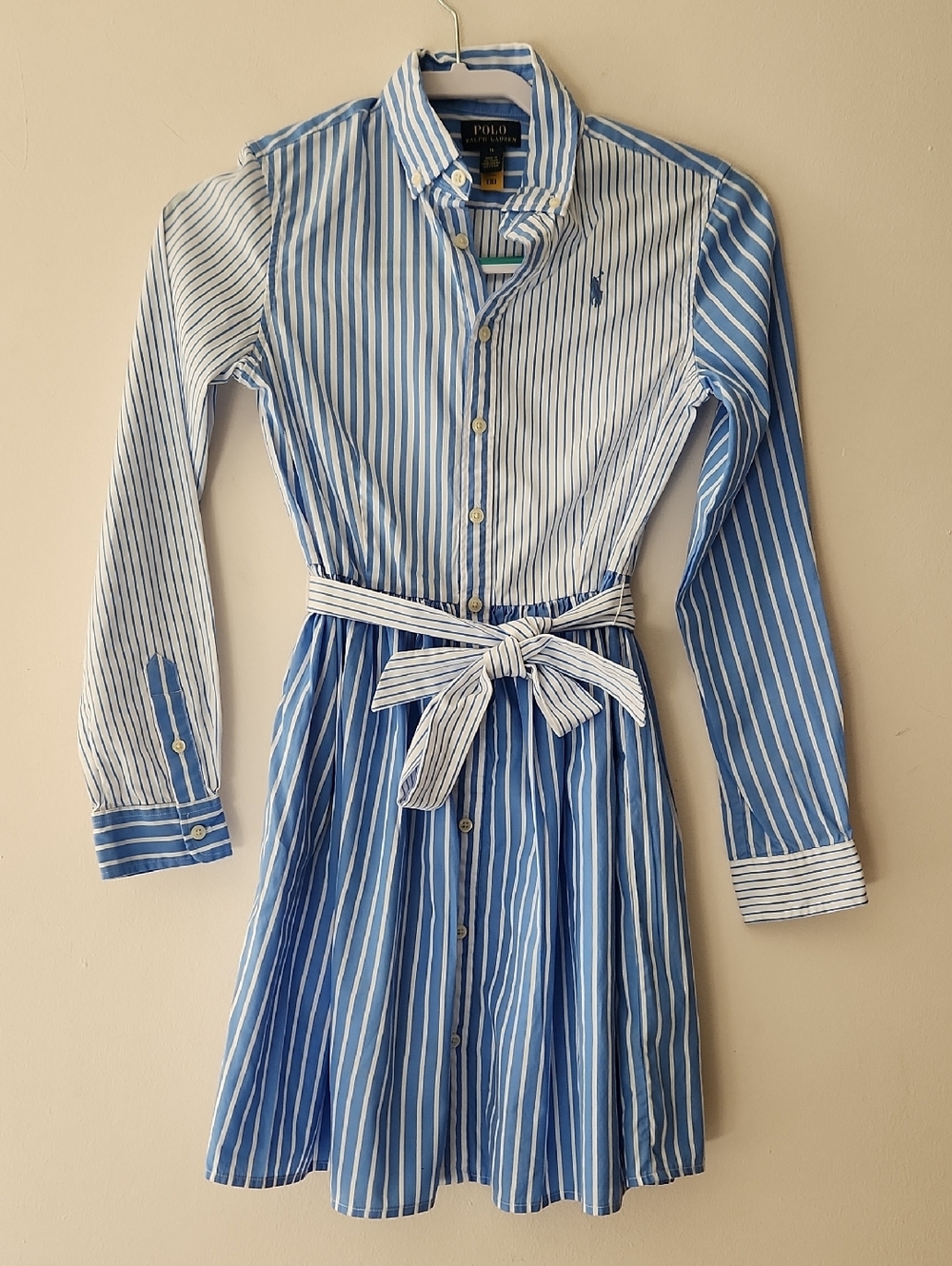 Polo Ralph Lauren Girls Blue & White Mixed Striped Button-Up Shirt Dress Sz14